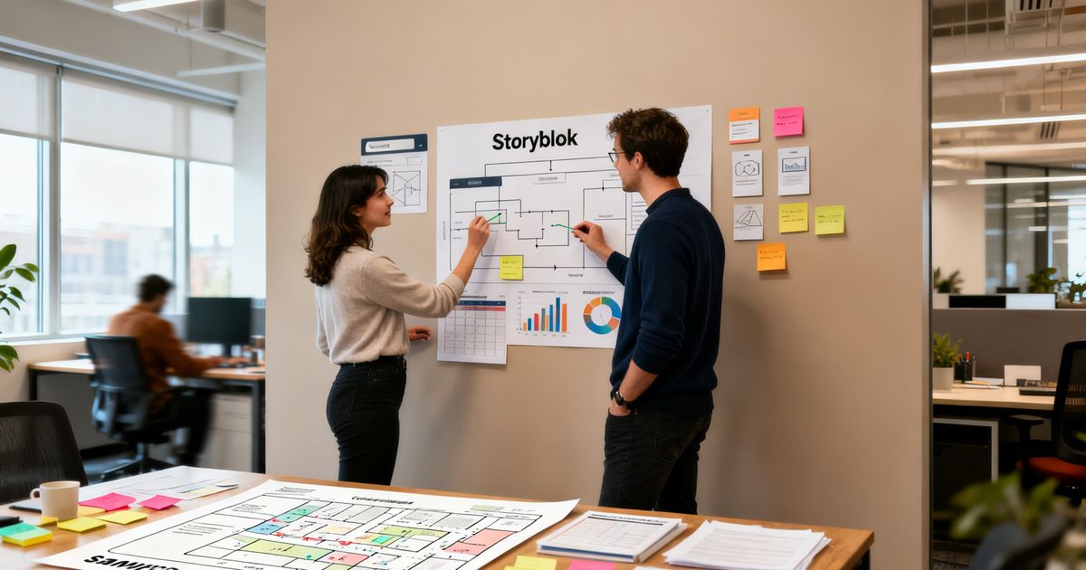 Content manager and developer planning Storyblok SEO site structure in a modern startup office