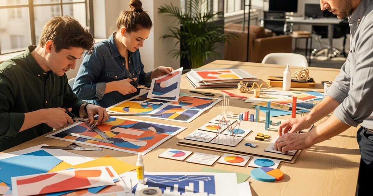 Content marketing team assembling an embeddable infographic to earn backlinks without outreach