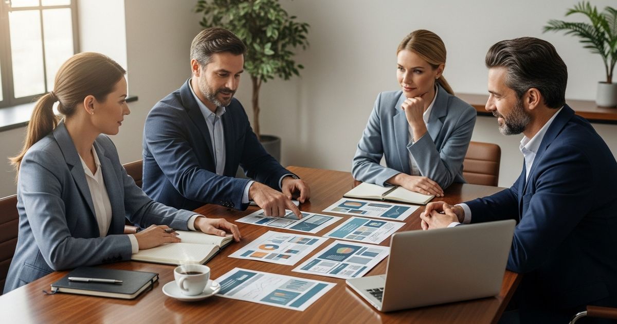 Wealth management team reviewing printed website mockups and marketing plans in a modern office, conveying strategy and collaboration