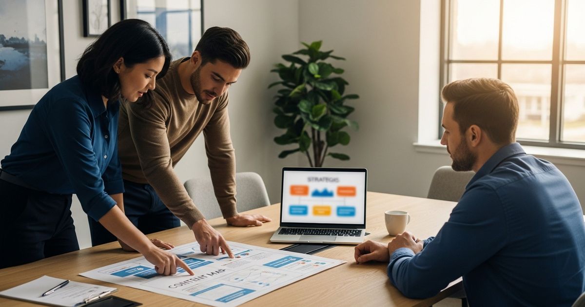 Marketing team collaborating on SEO strategy in a Markham office — meeting about SEO agencies in Markham