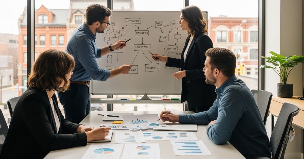 Marketing team discussing SEO strategy around a conference table in a London, Ontario office — SEO agencies in London