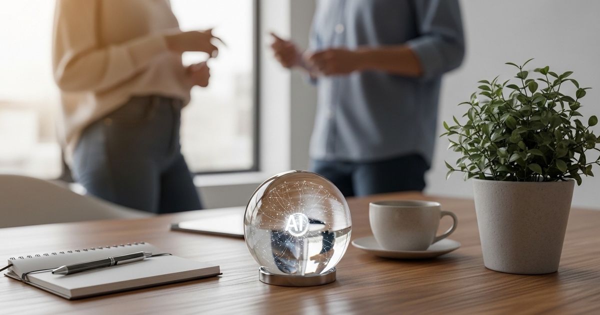 Small business workspace with a glowing neural-network glass sphere symbolizing AI-driven SEO tools