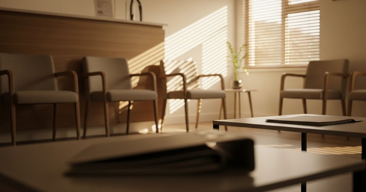 Warm, modern reception area suggesting professional addiction treatment care; calm empty chairs and soft morning light.