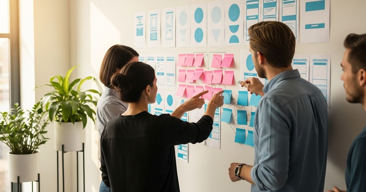 Marketing team arranging blank sticky notes on a wall to plan site architecture for how to optimize for mobile seo