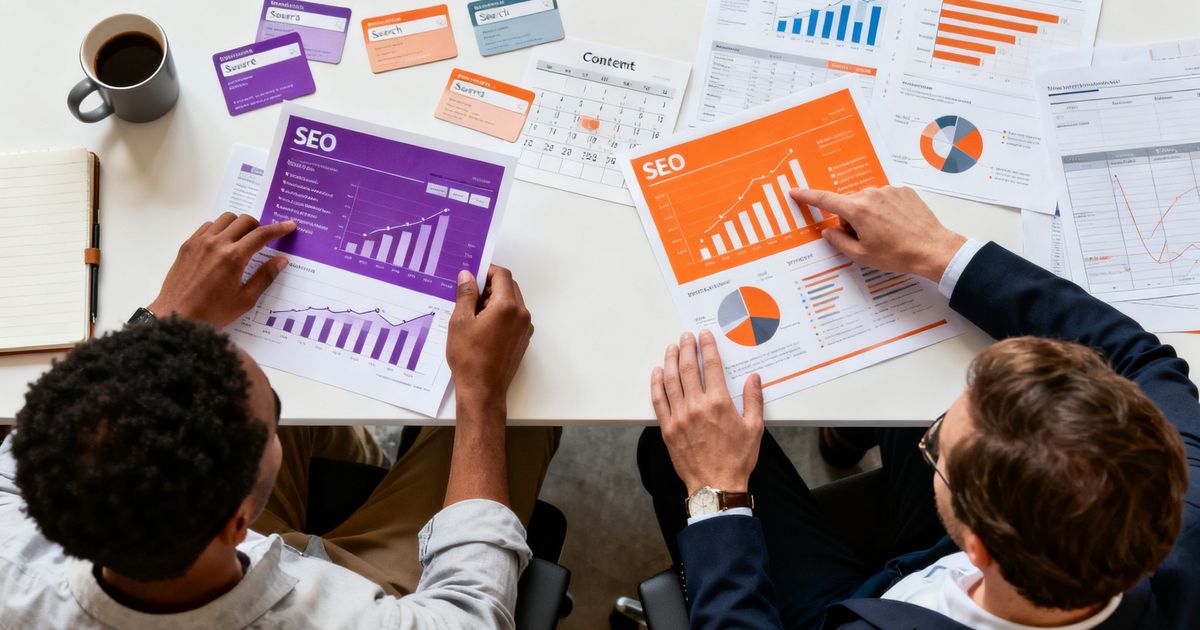 Two marketers comparing MarketMuse vs Ahrefs on printed SEO reports and charts