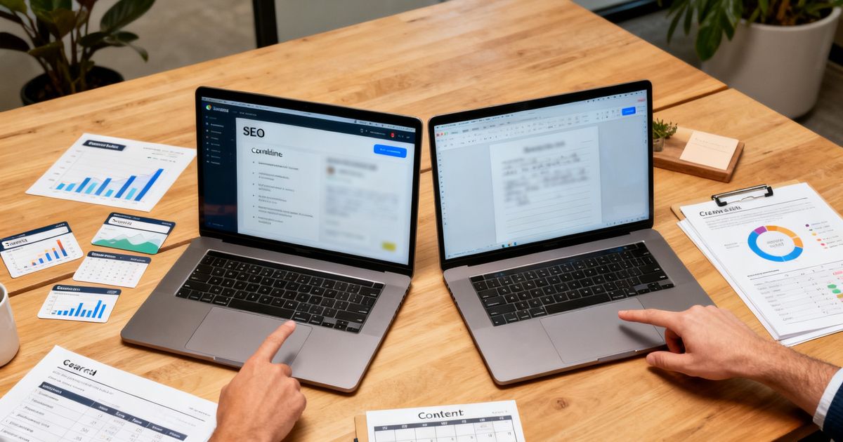 Two laptops side-by-side on a startup office desk comparing Frase vs Jasper for content teams