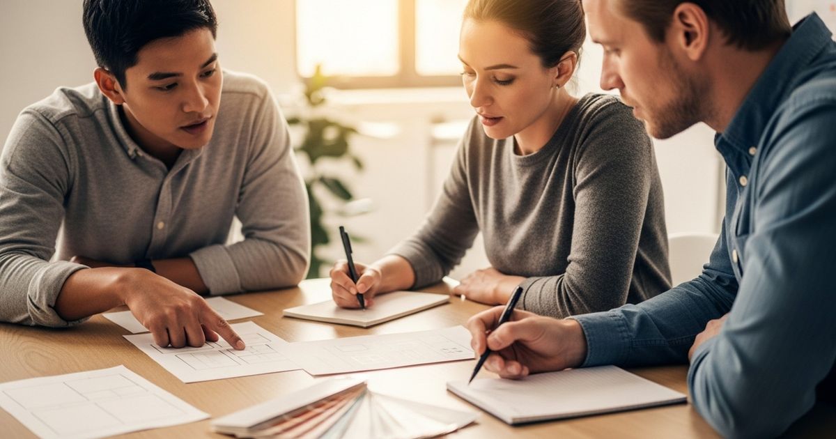 Founders collaborating over printed templates in a modern office, planning SEO and content strategy.