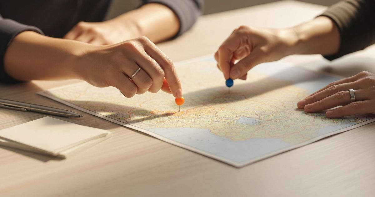 Hands placing colored pins on a physical map during a planning session for multi-location pages