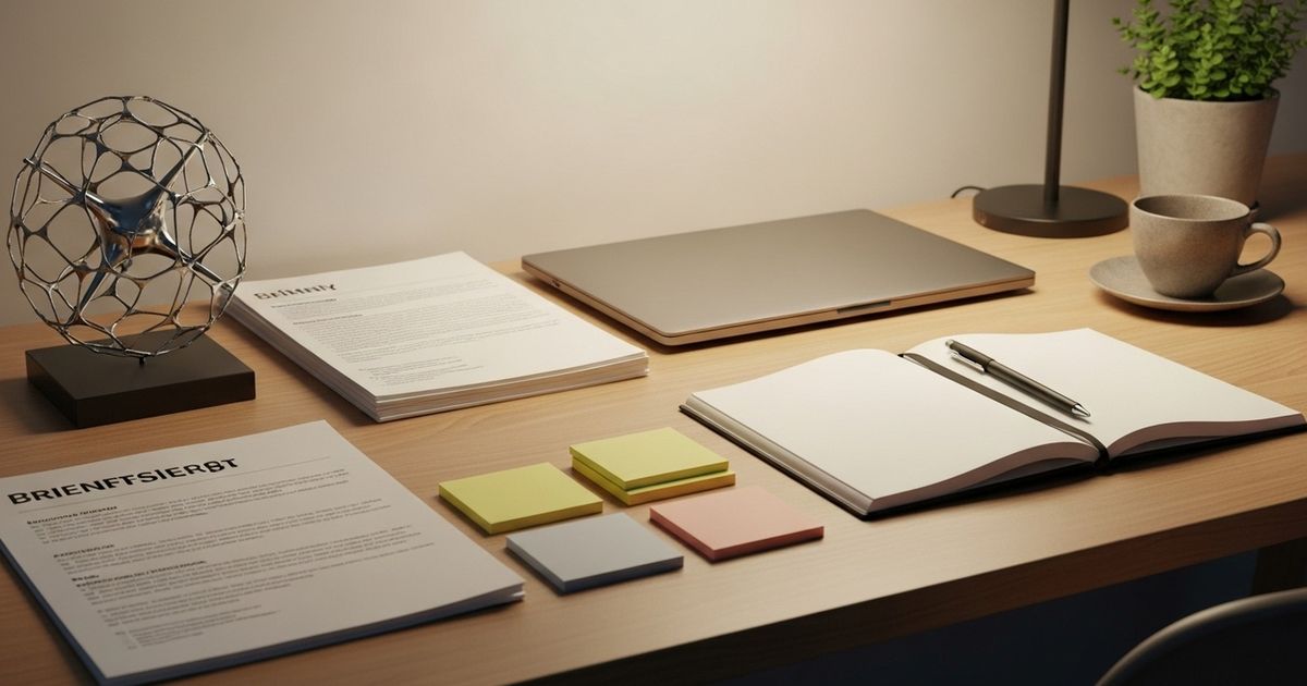 Modern warm workspace with closed laptop, blank briefing sheets, and a small abstract neural sculpture representing AI-driven content workflows