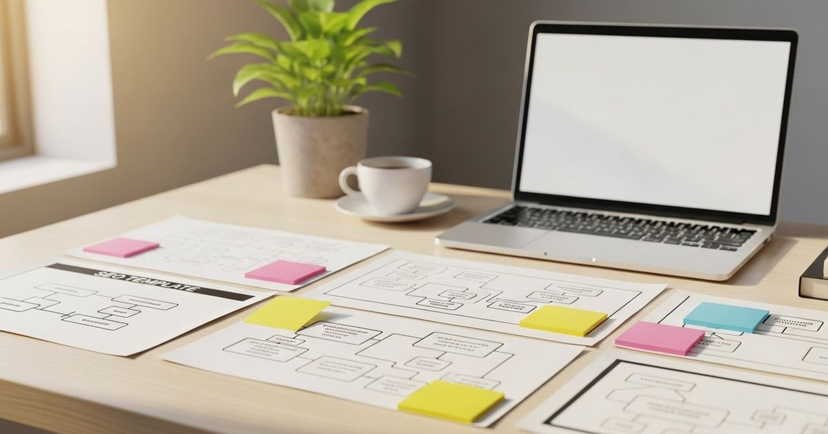 Modern workspace with printed template wireframes and flowcharts on a desk, representing programmatic SEO planning