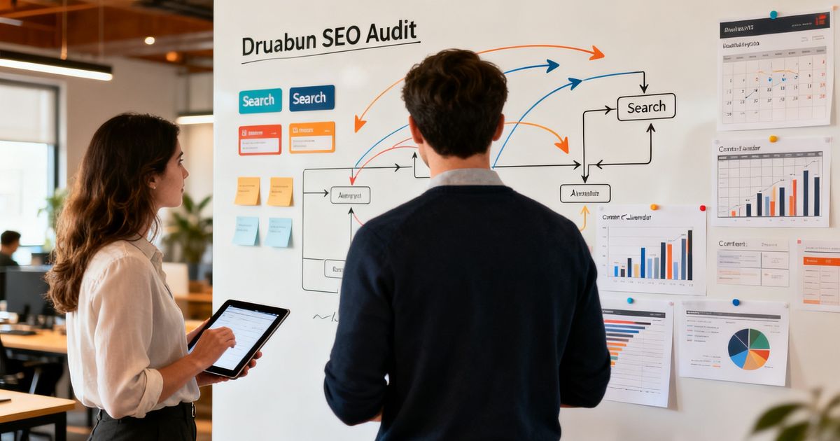 Two team members planning a Drupal SEO audit at a whiteboard in a modern office, discussing site architecture and taxonomy