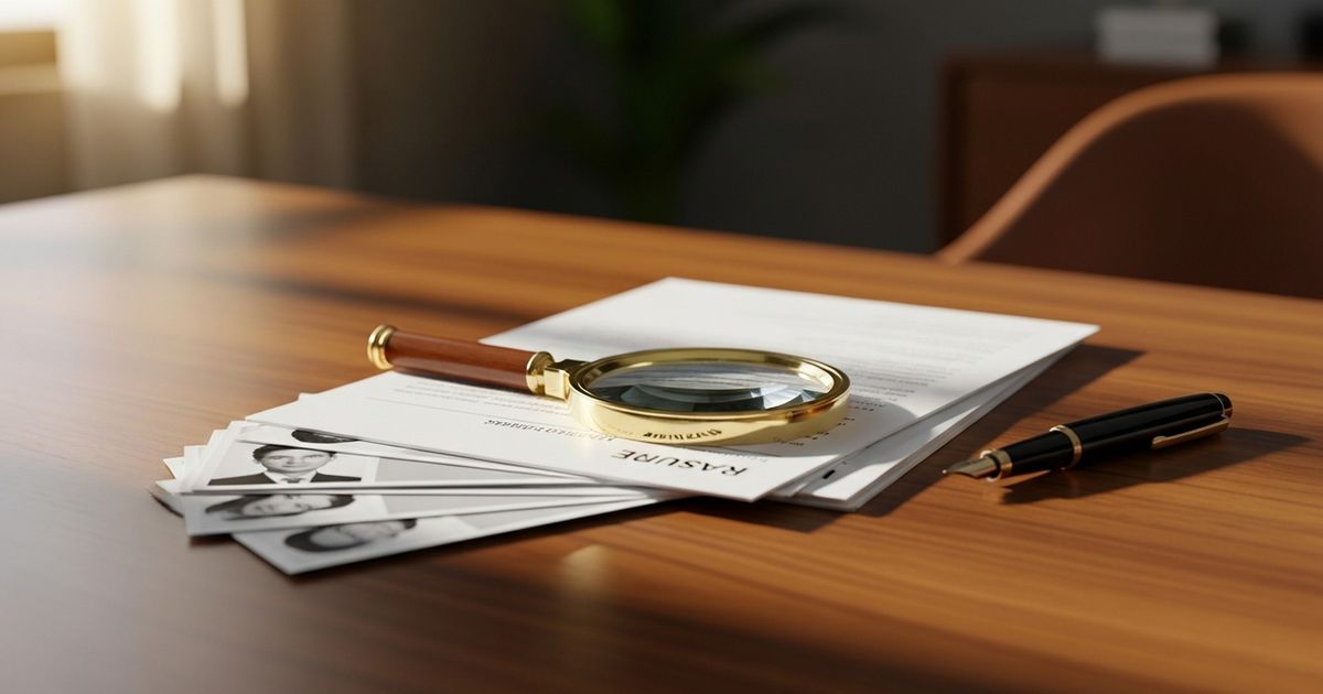 Hyper-realistic scene of a recruiter’s desk with resumes, a magnifying glass, and a pen, evoking strategic recruitment and search.