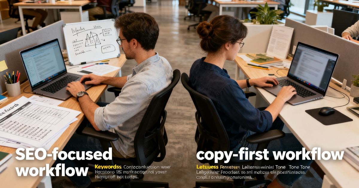 Two marketing teams in an office comparing workflows side-by-side — visual metaphor for NeuronWriter vs Writesonic