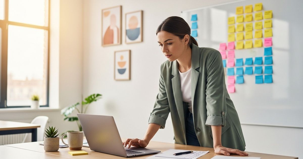 Content manager reviewing and optimizing title tags on a laptop for a startup website — how to write title tags