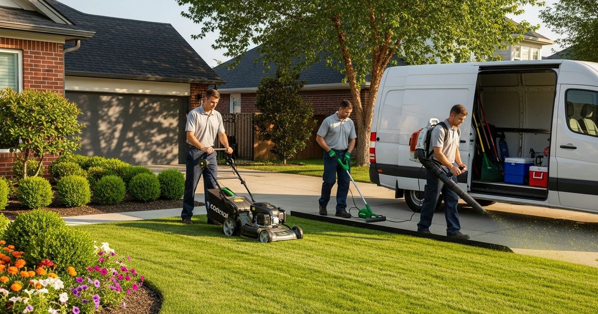 Lawn care technicians working on a residential yard with tools and unbranded van, illustrating professional lawn care services.