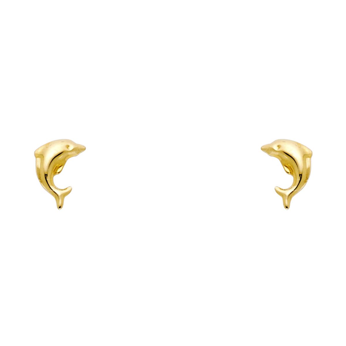 14K yellow gold dolphin stud earrings with screw back closure on white background