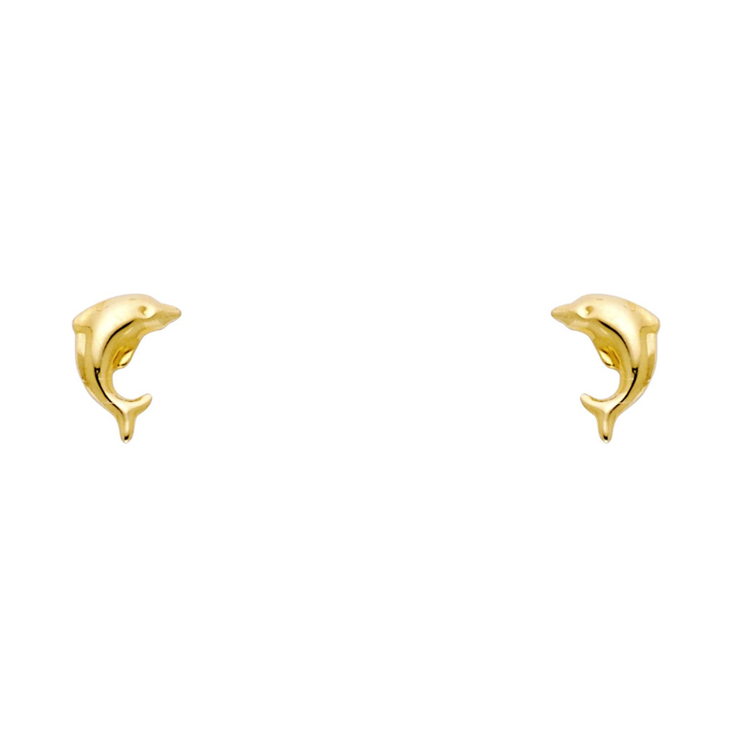14K yellow gold dolphin stud earrings with screw back closure on white background