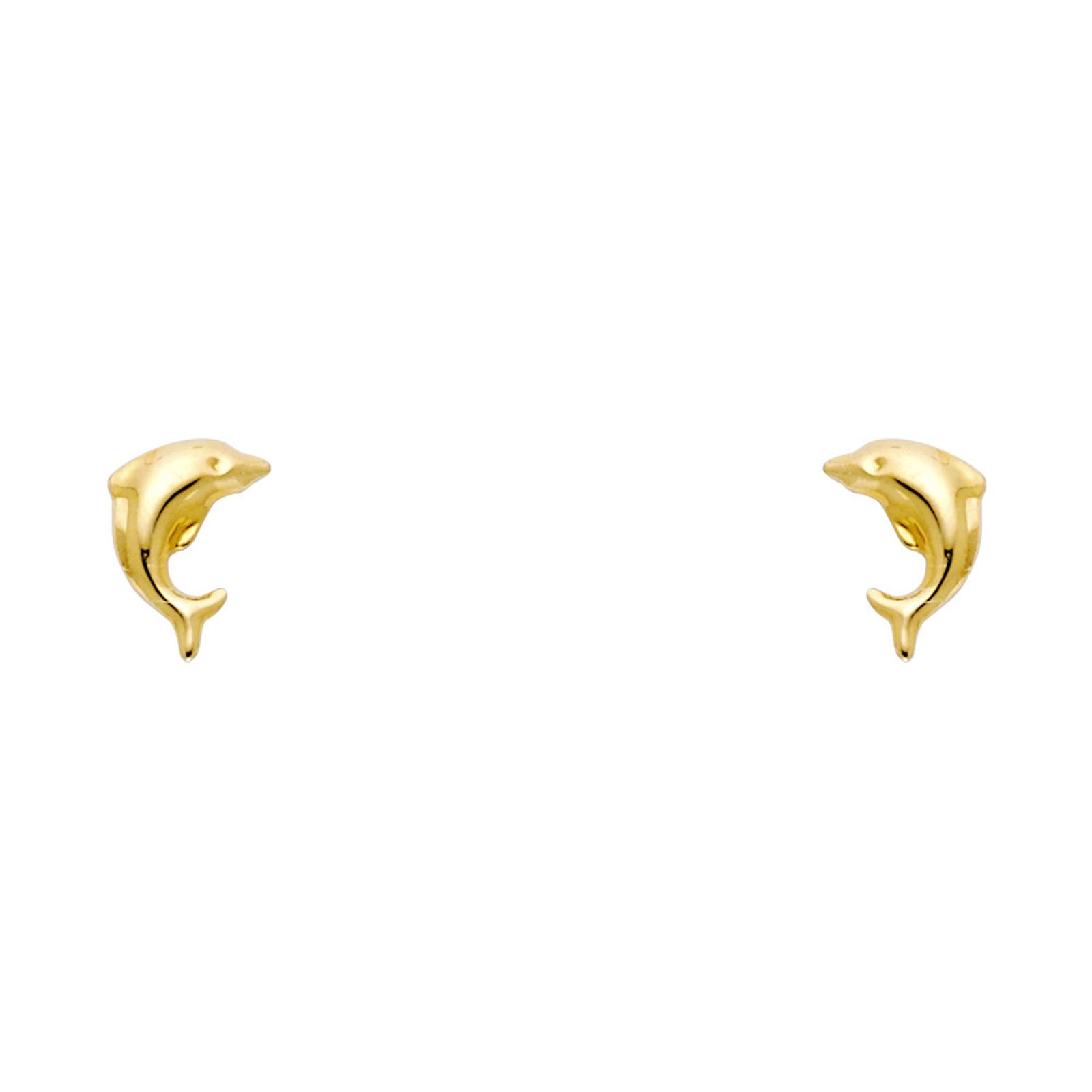 14K yellow gold dolphin stud earrings with screw back closure on white background