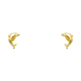 14K yellow gold dolphin stud earrings with screw back closure on white background