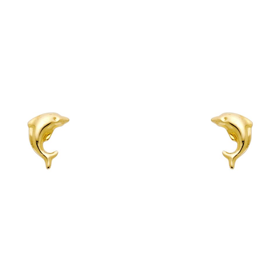 14K yellow gold dolphin stud earrings with screw back closure on white background