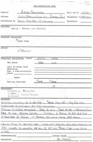 Don Valentine's original 1977 memo for Sequoia's investment into Apple Computer