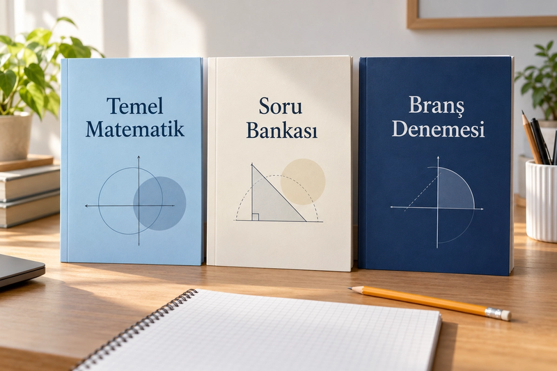 Temel Matematik, Soru Bankası ve Branş Denemesi başlıklı üç temsili çalışma kitabı.