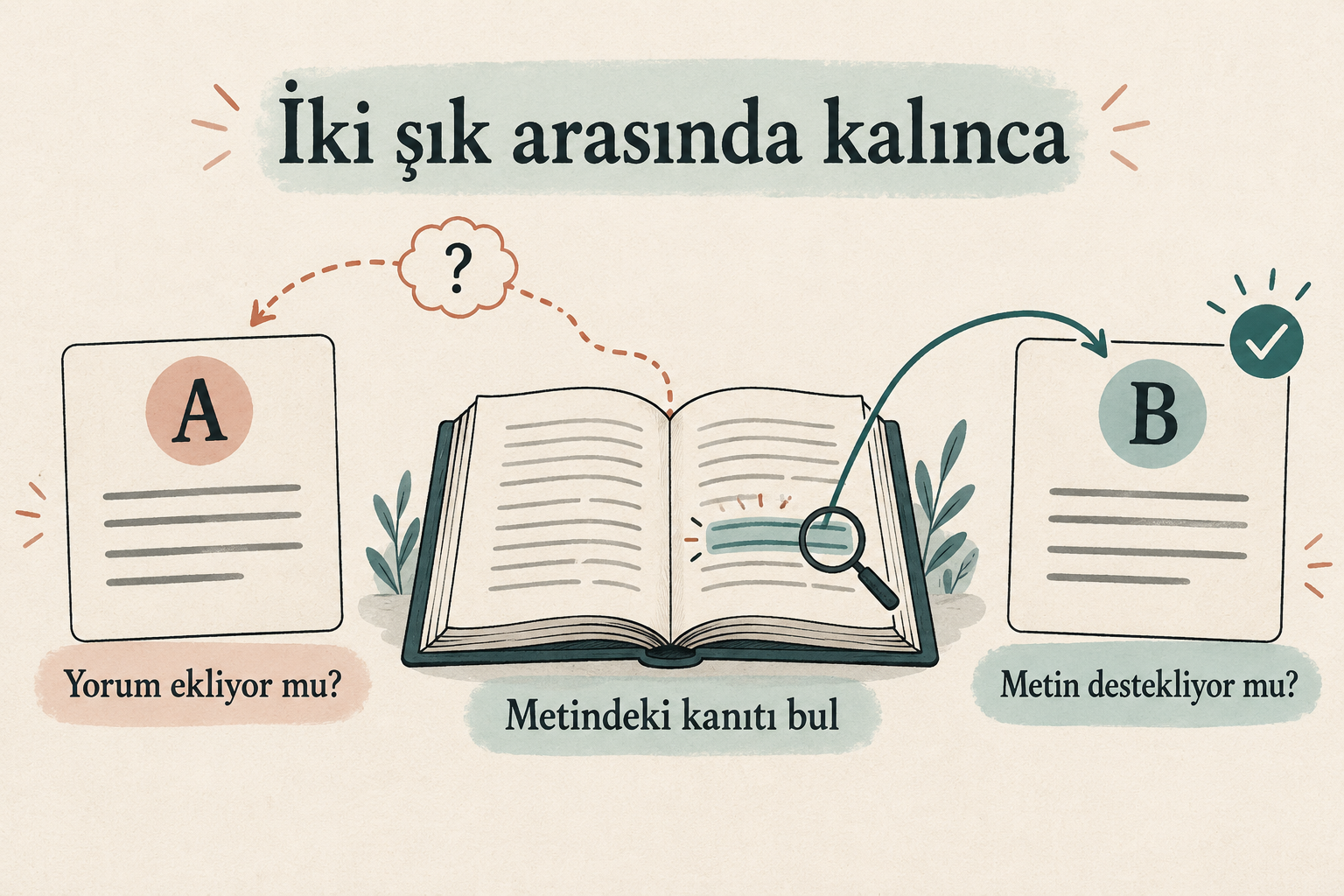 İki seçenek arasında karar verirken yorum eklenip eklenmediğini ve metnin seçeneği destekleyip desteklemediğini karşılaştırma.