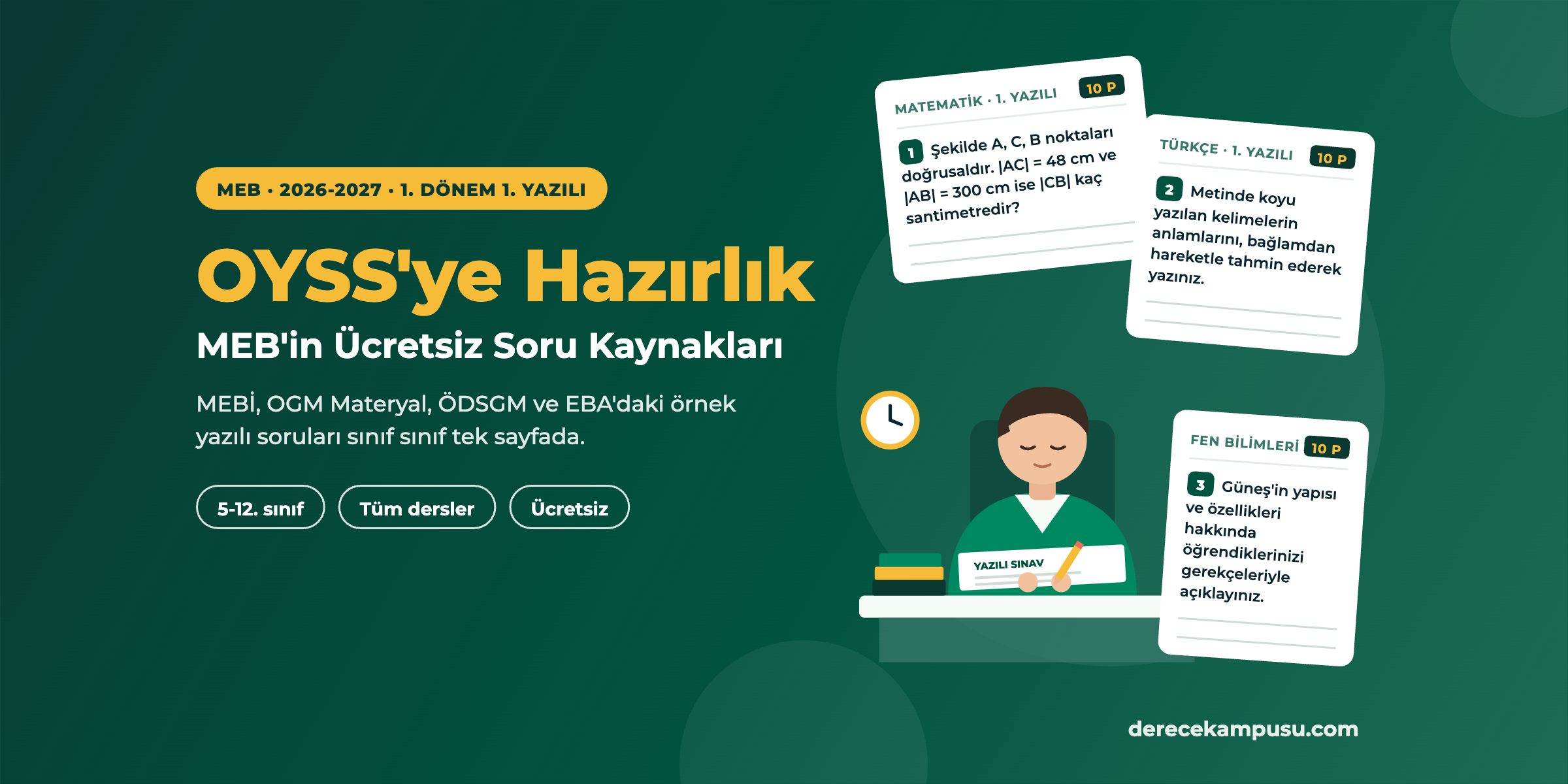 OYSS yazılıya hazırlık kapağı: yazılı sınav kağıdına yazan öğrenci illüstrasyonu ve matematik, Türkçe, fen yazılı soru kartları