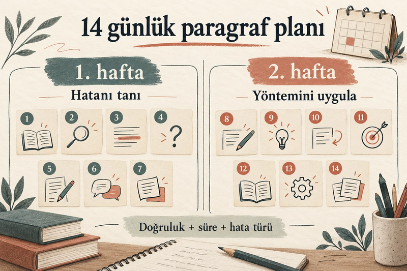 14 günlük paragraf planı: ilk hafta hatanı tanı, ikinci hafta yöntemini uygula; doğruluk, süre ve hata türünü birlikte takip et.