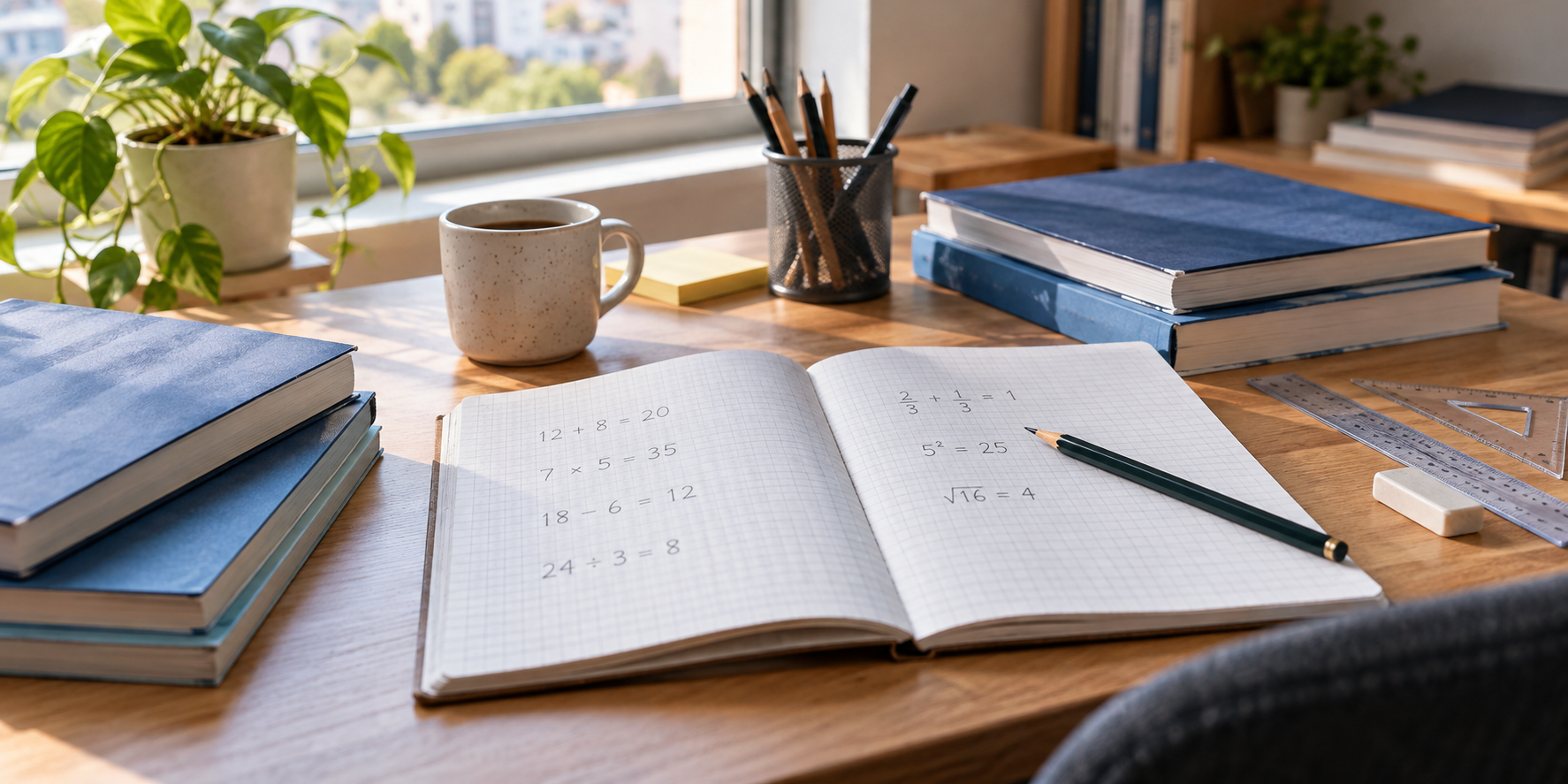 TYT matematik çalışmak için hazırlanmış masada açık kareli defter, kalem, kitaplar ve geometri cetvelleri.
