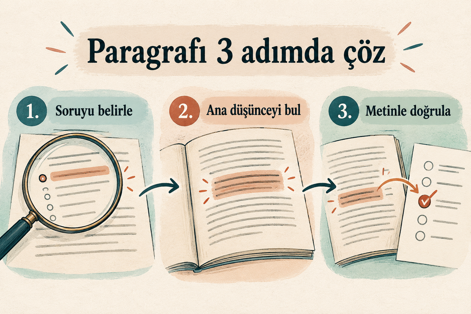 Paragraf çözümünün üç adımı: soruyu belirle, ana düşünceyi bul ve seçeneği metinle doğrula.