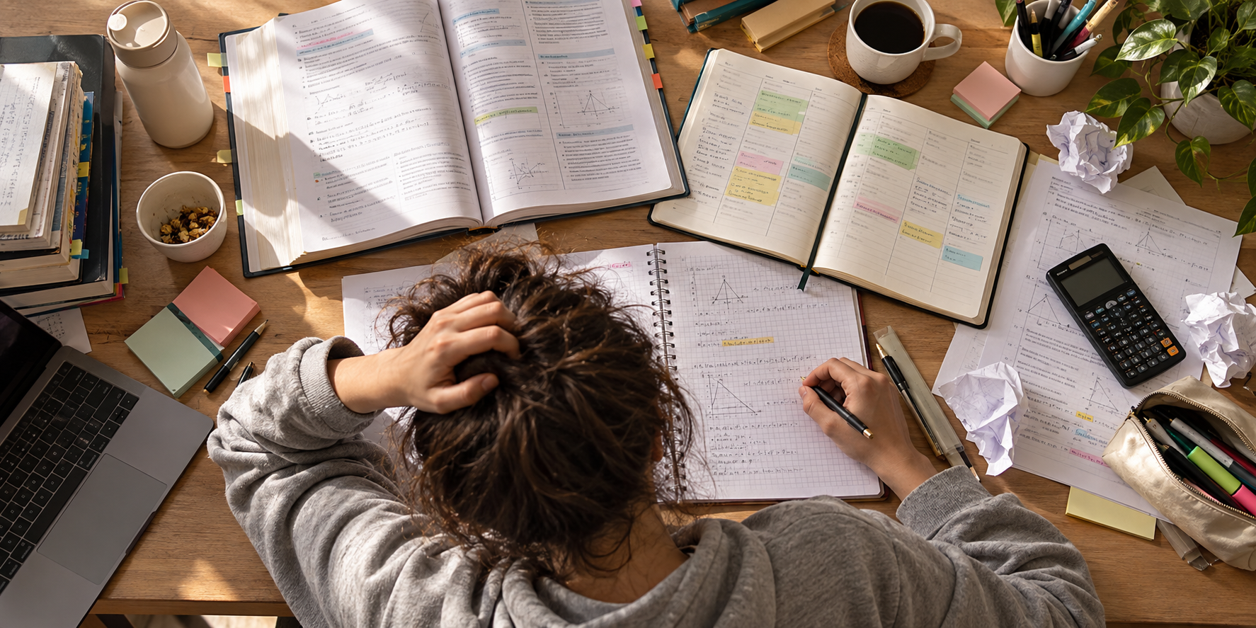 Ders kitabı, defter, planlama ajandası ve hesap makinesiyle dolu çalışma masasına eğilmiş, saçını tutarak nereden başlayacağını düşünen öğrenci