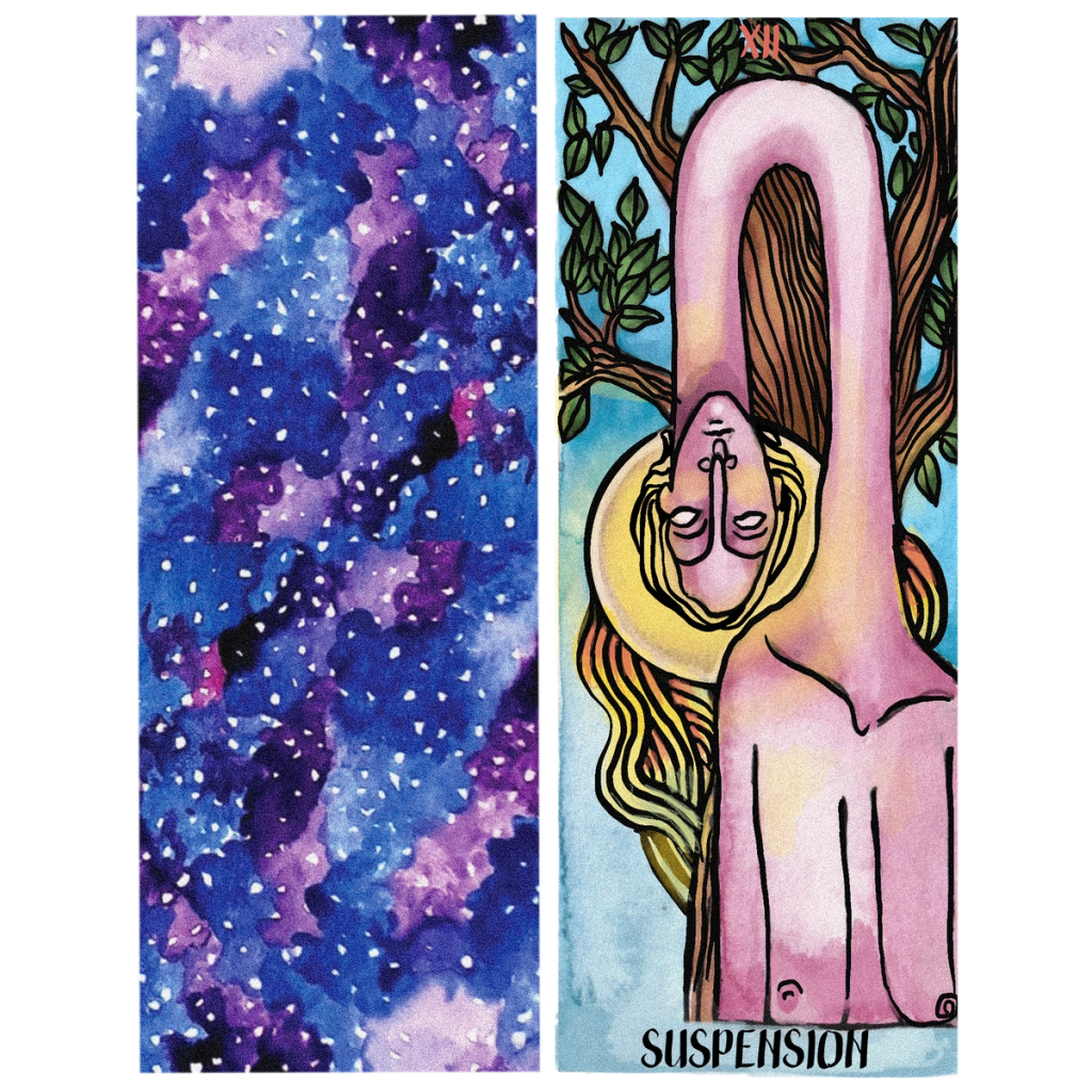 Illustration of a tarot card both back and front. The back shows a starry watercolour night, and the front is a depiction of the Hanged Man, a persons neck is long and the head is hanging from it in front of a tree.