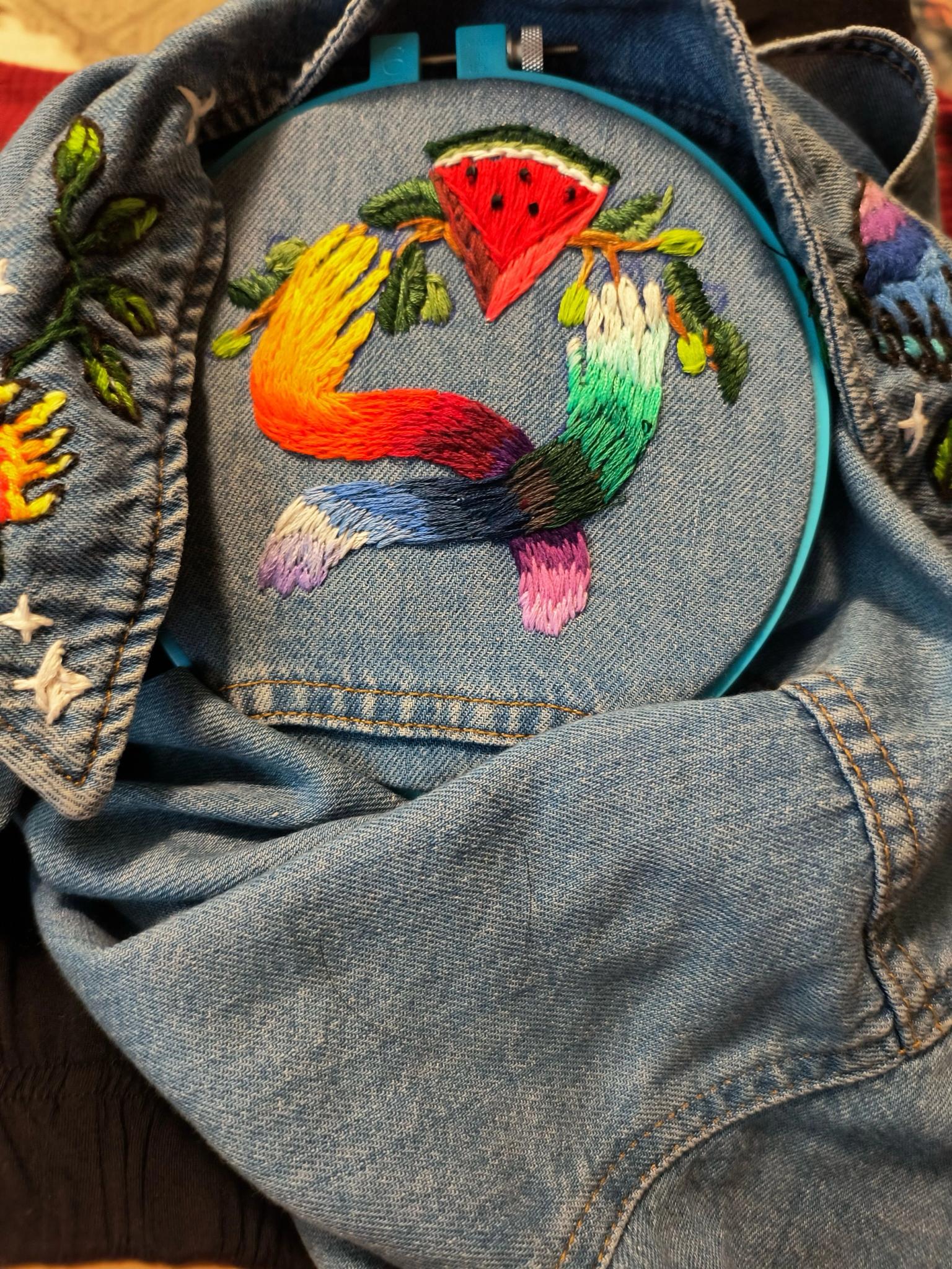 Embroidery on jean romper as a reflection of Indigenous solidarity, Palestine and resistance.
