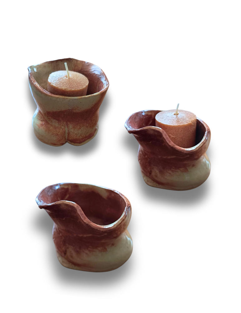 Three pictures of a small vessel shaped as a torso with a candle.