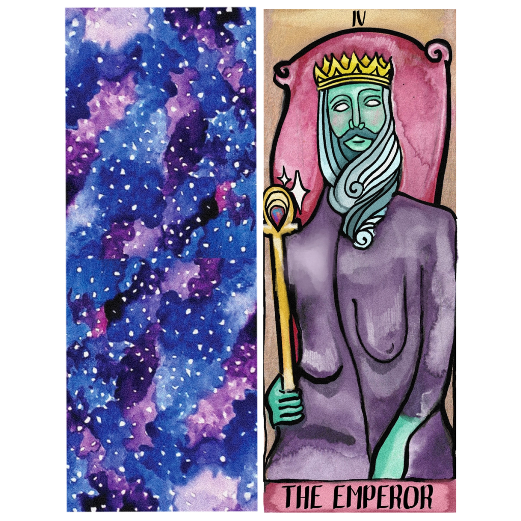 Illustration of a tarot card both back and front. The back shows a starry watercolour night, and the front is a depiction of the emperor sitting on her throne.