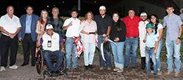The winning connections of Hallmarke accept the $40,000 Downs Fall Quarter Horse Distaff trophy at The Downs At Albuquerque on Saturday.