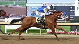 Beach First, under jockey Rolando Pina, winning the opening Harley Green Derby trial.