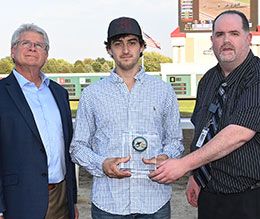 Tom Maher owner award photo – Derron Heldt, VP for Racing and Chad Keller, QH Racing Secretary, presenting to Tyler Stein, accepting on Tom’s behalf.