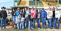 The winning connections of Cuz Eyem Cowboy Baby accept the Speedhorse Paint and Appaloosa Futurity Championship trophy.