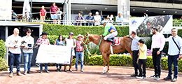 Dk Crystal Favorite with her winning connections from the AQHA Distaff Challenge. em>