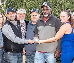 Trainer Jose Lopez , with Jerry Deville Jr, Gerald Thomas, and Gregory Williams (representative for Gilberto Rosales), honored for Co-Leading Trainers.