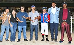Apolitical Time's winning connections are all smiles after sweeping the top two spots in the $205,300 Retama Park Derby presented by Torchtree Bourbon.