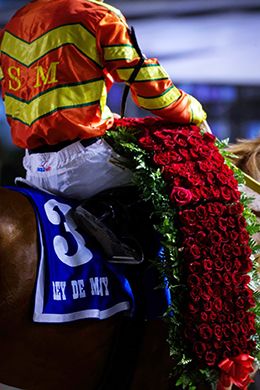 Rey De Manny, with Nestor Duran aboard, receives the blanket of roses after becoming the first ever Mexico Triple Crown winner.