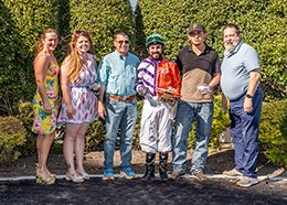The winning connections of Aj Cyclone accept the Louisiana Classic Maiden trophy at Louisiana Downs on Saturday.