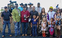 Relentless Knockout’s connections accept the Fl Lady Bug Stakes winning trophy at Remington Park on Saturday.