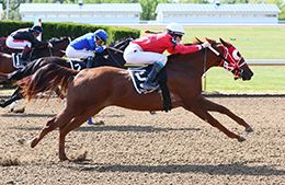 Especially Tempting, under jockey Cassandra Jeschke, winning the $54,045 Ontario Stakes Futurity at Ajax Downs September 5.