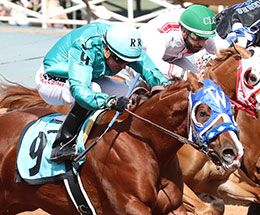 Russ Champion jockey Ricky Ramirez gues Allegian Air to victory in the 10th trial on Saturday.