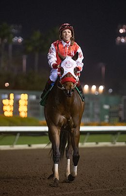 Justine Klaiber and Shaken Goin On come back after winning the Southern California Derby-G2 at the Los Alamitos on Sunday.