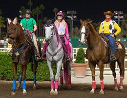 Even the on riders at Los Alamitos Race Crouse get in on the Halloween night fun!.